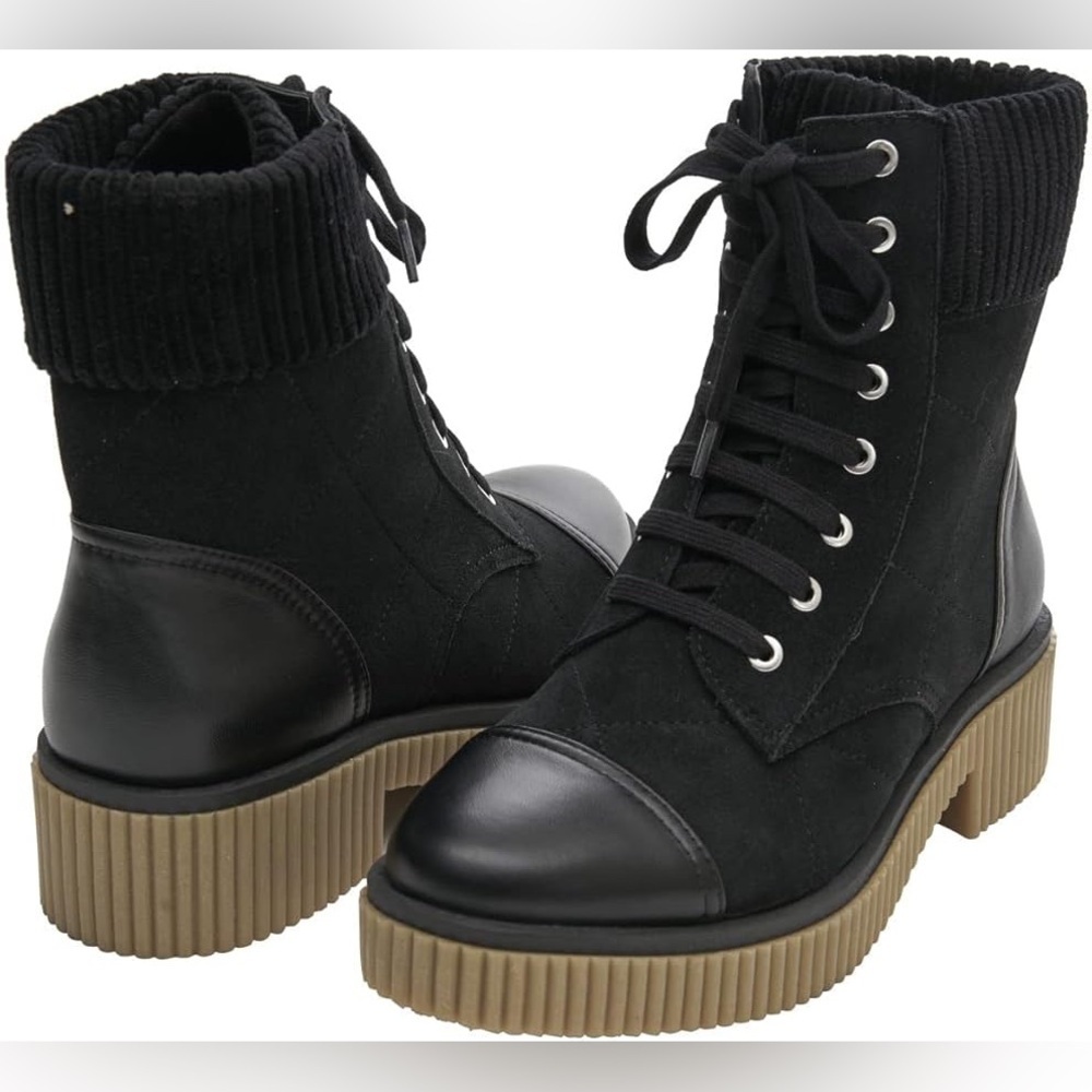VANELi Mage Black Leather Combat Lace Up Boot Rubber Sole Women SZ 9.5M